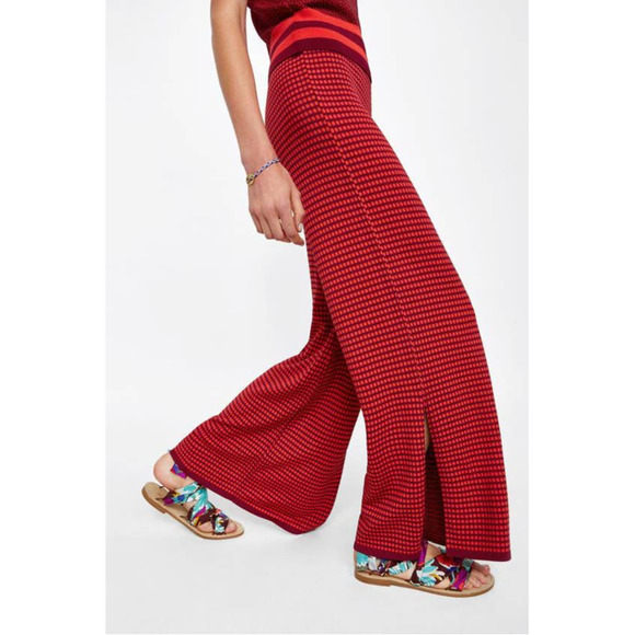 Zara Knit High Two Tone Print Flare Pants Red - Picture 2 of 13